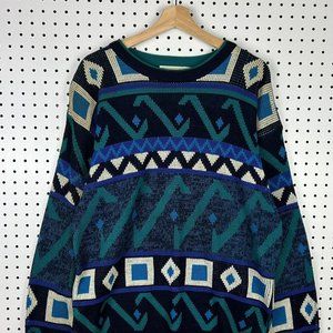 Trend Basics Aztec Colorblock Blue Green Crewneck Knit Sweater S z LT Large Tall